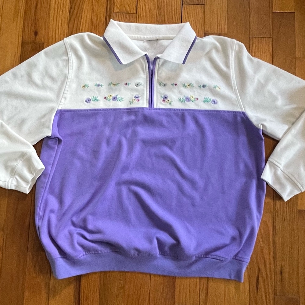 White and Lavender Pullover with Embroidered Floral Trim